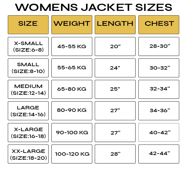 Women's Jacket Size Chart – Drtysouth Boxing